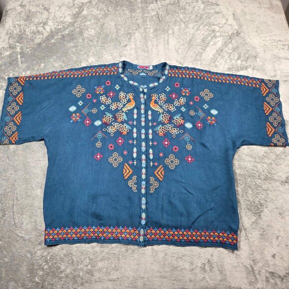 Johnny Was Top Womens M Blue Brony Embroidered Blouse Peacock Boho - Picture 1 of 11